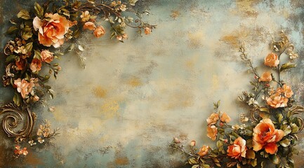 An antique textured vintage frame with gold floral details, set against a teal background with roses in a painted style on the right side..