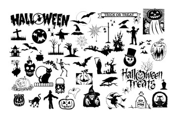 Set of Halloween silhouettes black Title icon and character. Vector illustration Isolated on white background