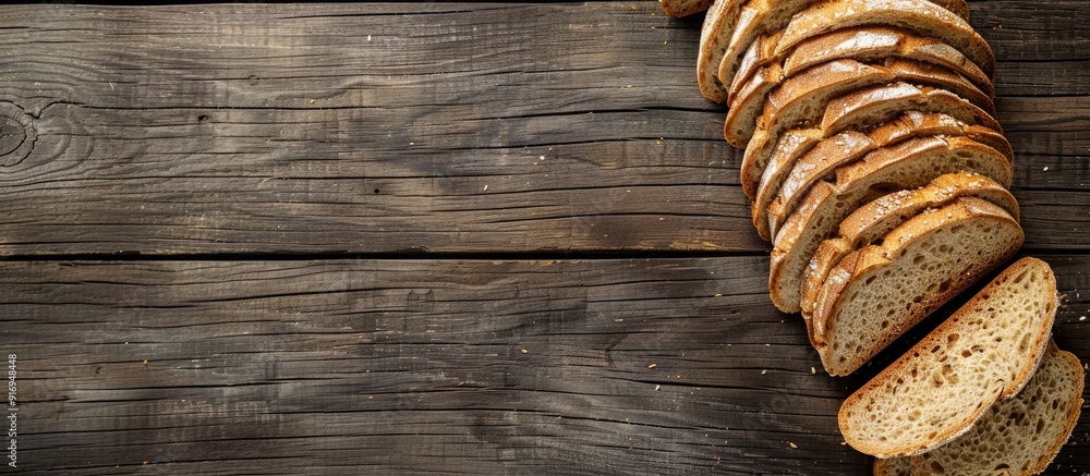 Poster top view of bread slices on an old rustic wooden surface with a horizontal composition and ample cop