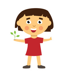 Gardener Little Girl with a Sprout Planting a Garden. Nature preservation and outdoor work concept