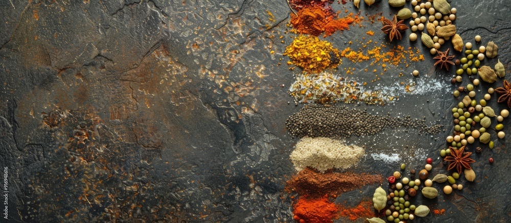 Poster various spices arranged creatively on a textured stone surface with ample copy space image.