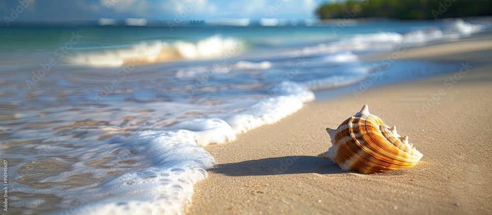 Poster sandy beach with a shell, providing space for text or images. image with copy space