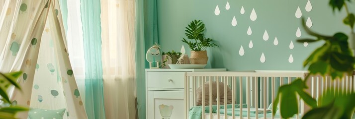 Child s bedroom interior with mint water drop stickers plant on a cupboard and baby bed adorned with washi tape