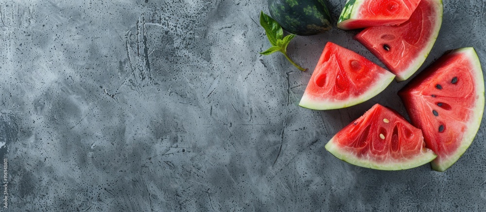 Poster gray background with space for text featuring watermelon and a slice. image with copy space