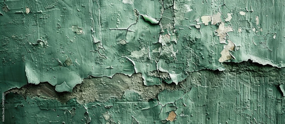 Poster old green paint on a gray wall creates a textured background for a copy space image.