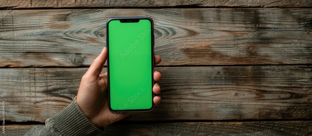 Poster hand holding a black cellphone displaying a green screen on a wooden background with copy space imag