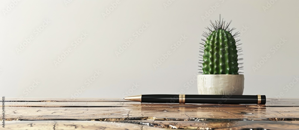 Poster Pen and cactus adorn table with a spacious copy space image.