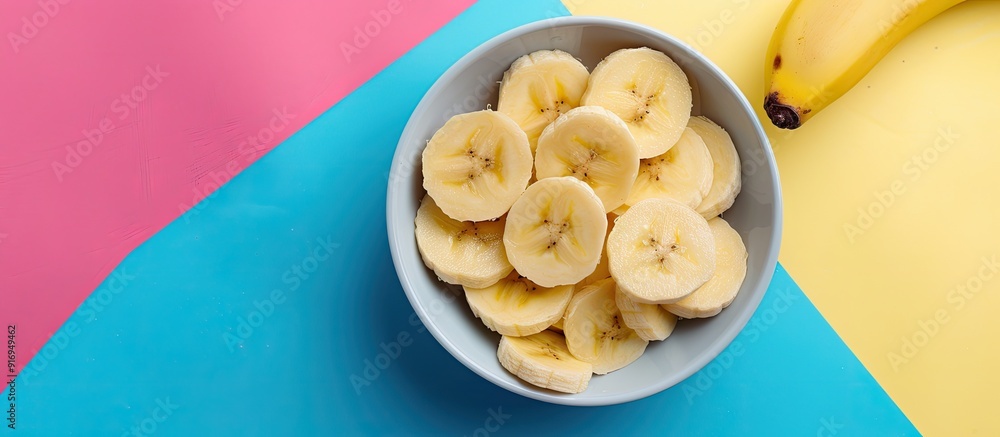 Poster healthy snack choice, banana slices displayed in a bowl on a colorful background with copy space ima