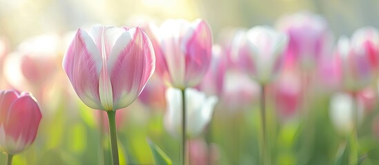 Pink and white Dutch tulip with close selective focus, Spring flower against a blurred background, ideal for copy space image.