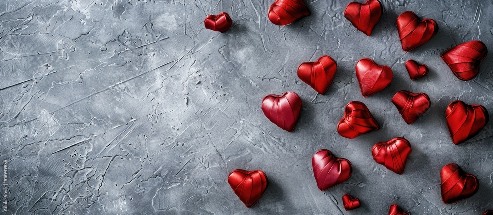Poster love concept shown with numerous red silk hearts on a grey paper backdrop with empty space for text 