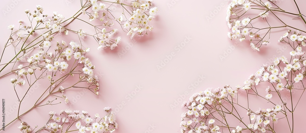 Poster gypsophila flowers displayed on a soft pastel backdrop, arranged in a top-down perspective with room