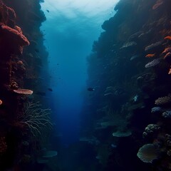 A deep underwater canyon with coral reefs and marine life on either side, bathed in blue light.