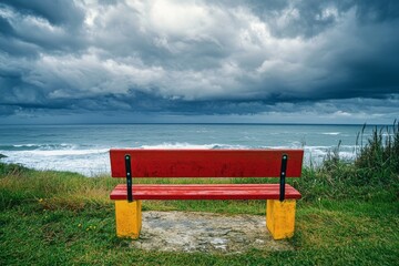 A bench overlooking the sea, cloudy sky, distant view, high definition photography, real photos, bright colors, red wooden seat with yellow stone base, grassy ground, calm and peaceful atmosphere.