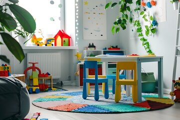  A child's playroom filled with colorful toys, a small table and chairs, and a soft rug. 
