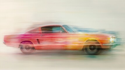 Obraz premium Classic muscle car racing down a blurred background in vibrant colors during a sunny day