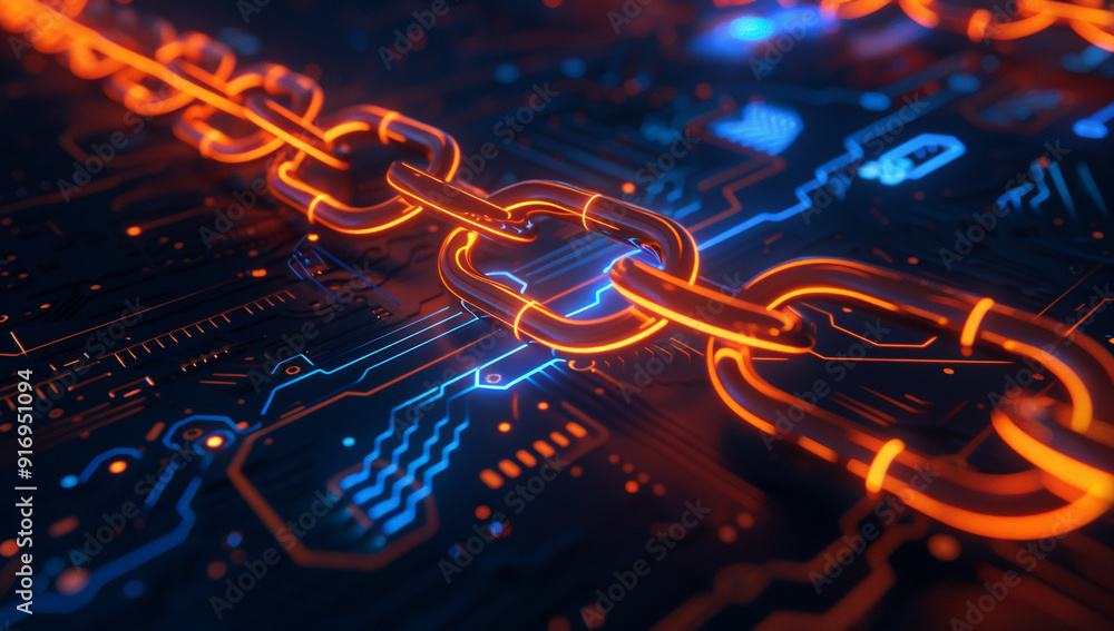 Poster glowing chain on dark background with circuit board pattern