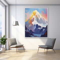 A modern interior featuring a mountain painting, creating a serene atmosphere.