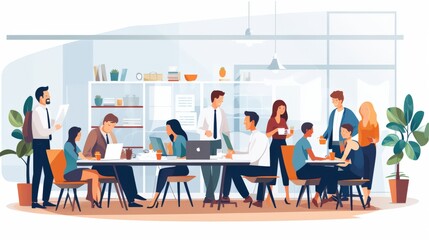 A modern office meeting with people collaborating and discussing projects.