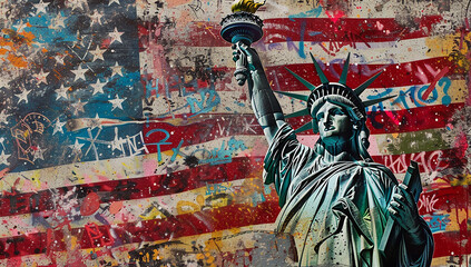Fototapeta premium Graffiti painting of the Statue of Lady Liberty, with an American flag background