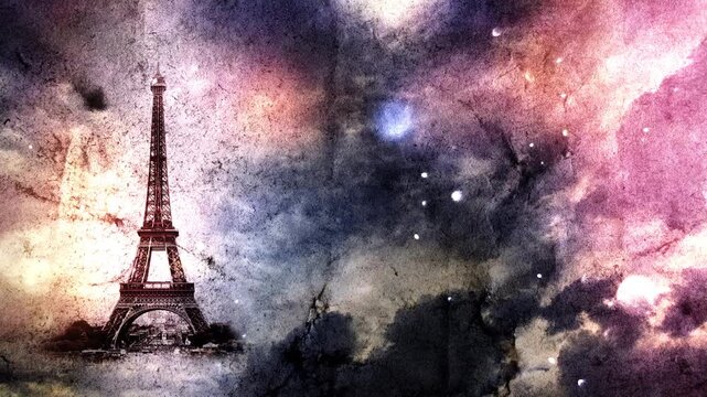 Eiffel Tower appears smoothly on old grunge paper with time lapse of clouds in the sky at sunset with slow motion video of dust flying in the air. Creative, combined 3D 4K parallax video.