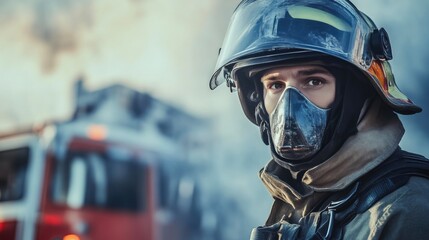 Fototapeta premium Portrait of a Dedicated Firefighter in Uniform with Firetruck Behind