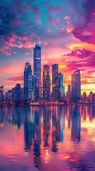 Fototapeta premium Vibrant City Skyline at Dusk with Illuminated Buildings and Reflections in the River. AI generated illustration