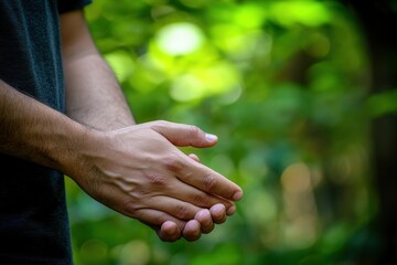 A pair of hands clapping in a natural setting, surrounded by greenery.