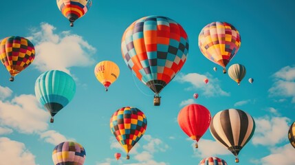 Obraz premium Colorful Hot Air Balloons Soaring Through Blue Skies