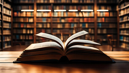Buch offen aufgeschlagen ge&ouml;ffnet auf einem Holztisch vor einer Reihe B&uuml;cherregale mit alten B&uuml;chern, wie eine Bibliothek, Archiv studieren Literatur Pult Bildung Universit&auml;t alt Fachhochschule lernen
