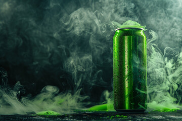 Green smoke, product photography, green energy drink can with dark background