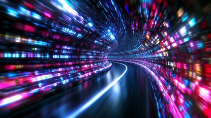 Colorful light tunnel with swirling patterns and vibrant hues at night