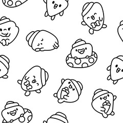 Cartoon happy seashell face characters. Seamless pattern. Coloring Page. Funny aquatic life. Hand drawn style. Vector drawing. Design ornaments.