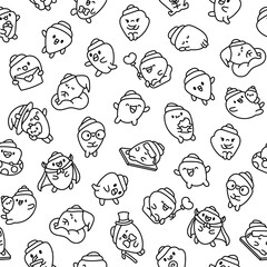Cartoon happy seashell face characters. Seamless pattern. Coloring Page. Funny aquatic life. Hand drawn style. Vector drawing. Design ornaments.