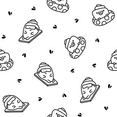 Cartoon happy seashell face characters. Seamless pattern. Coloring Page. Funny aquatic life. Hand drawn style. Vector drawing. Design ornaments.
