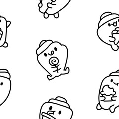 Cartoon happy seashell face characters. Seamless pattern. Coloring Page. Funny aquatic life. Hand drawn style. Vector drawing. Design ornaments.