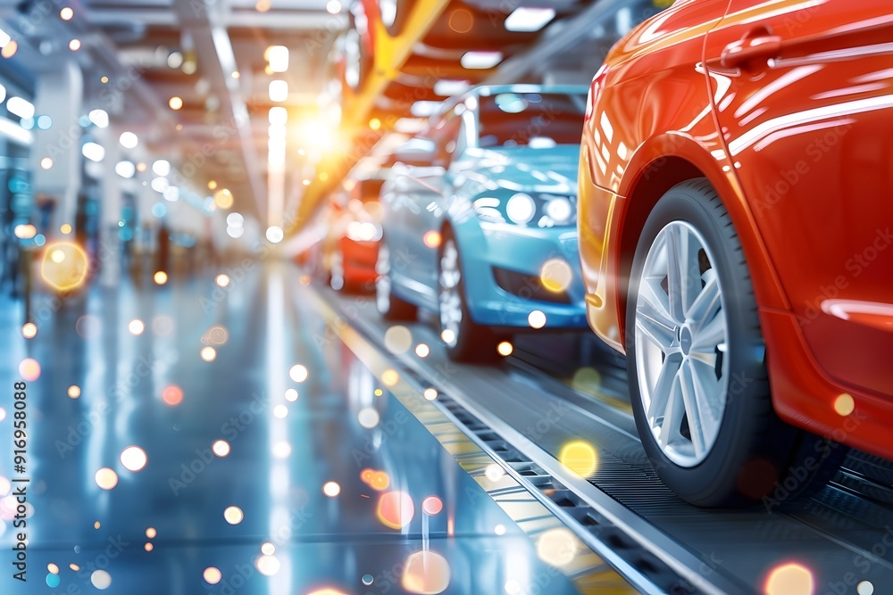 Poster car assembly line with bokeh lights.