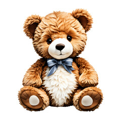 Cute brown teddy bear soft toy with bow tie isolated on a transparent background