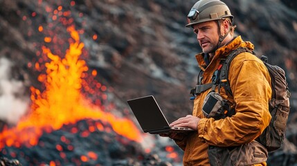 Middle-aged Scientist in Gear Analyzing Volcano Data