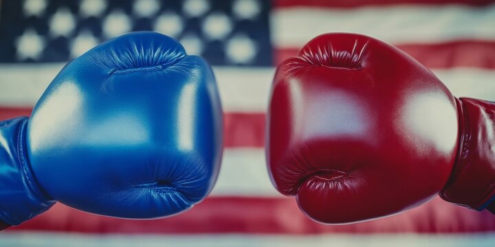 Fistic Valor: A Close-Up of Red and Blue Boxing Gloves Facing Each Other Against an American Flag Background, Symbolizing Competition and Patriotism