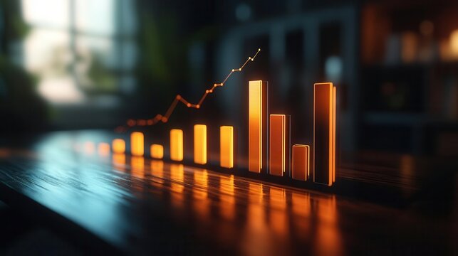 Photo-realistic 3D bar chart with dynamic lighting and shadows, representing rapid business growth