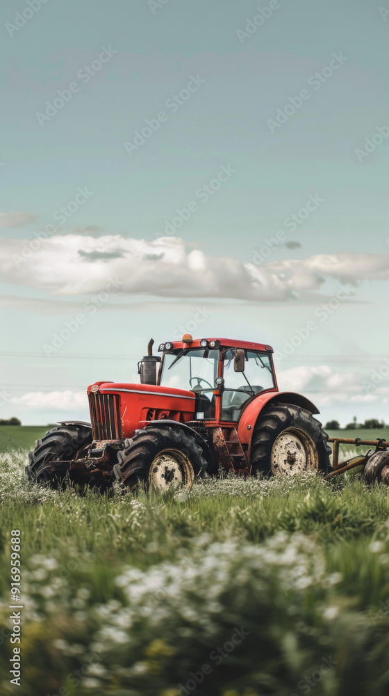 Poster a red tractor is in a field of grass and flowers
