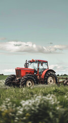 A red tractor is in a field of grass and flowers