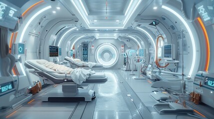 Obraz premium A futuristic medical room with advanced technology and digital screens. The scene is clean and high-tech, highlighting medical innovation and technology.
