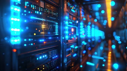 A futuristic server room with glowing blue lights. The scene is high-tech and secure, highlighting data centers and cybersecurity.