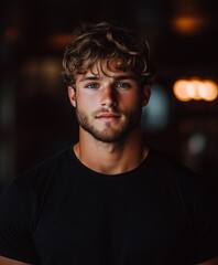 Obraz premium Serious young man with curly blonde hair and a beard, standing confidently in a warmly lit environment.