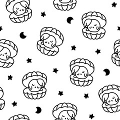 Cartoon kawaii seashell with a pearl. Seamless pattern. Coloring Page. Funny aquatic life. Hand drawn style. Vector drawing. Design ornaments.