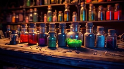 Mystical Potion Bottles on Wooden Table