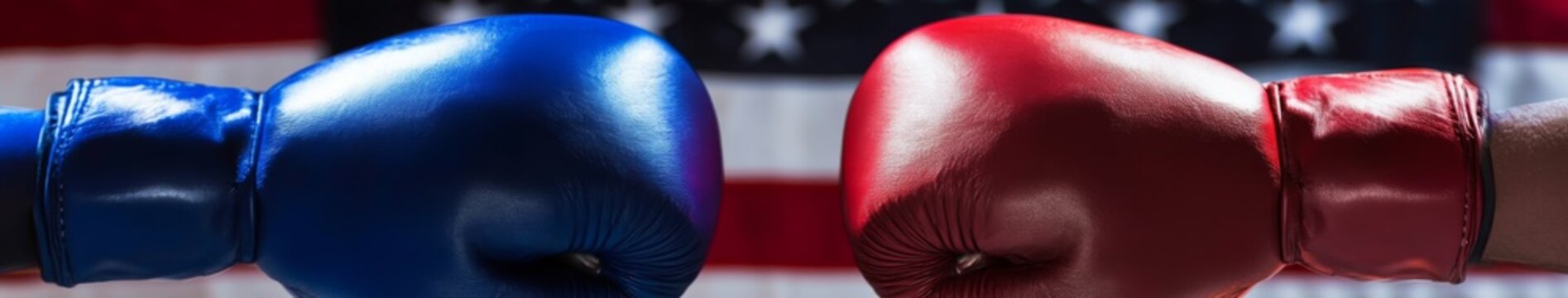 Fistic Valor: A Close-Up of Red and Blue Boxing Gloves Facing Each Other Against an American Flag Background, Symbolizing Competition and Patriotism