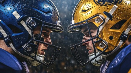 Two American football players in a head-to-head clash, poster match concept.