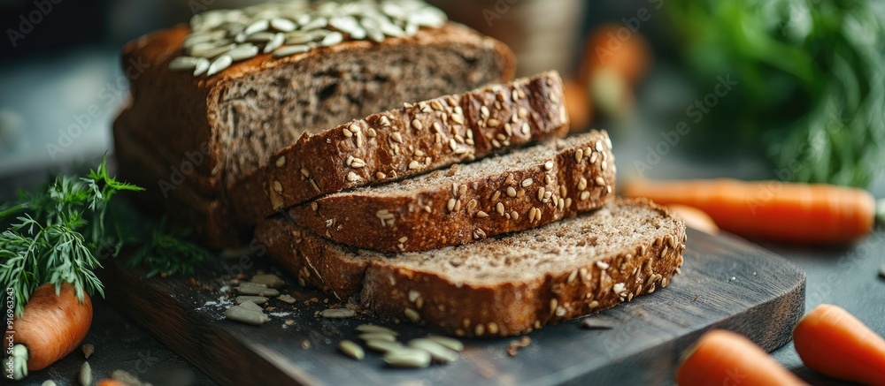 Aufkleber sliced rye bread topped with vegetables carrots and sunflower seeds on a cutting board rustic style 